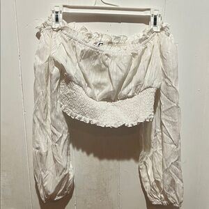 SHEIN White Off-Shoulder Ruffle Smocked Crop Top